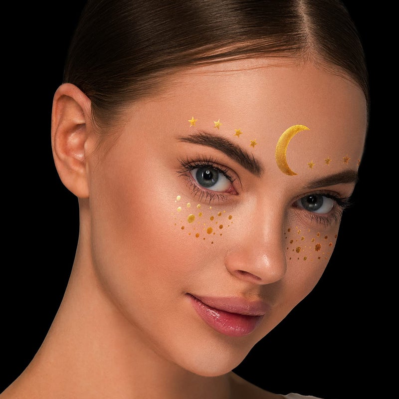 LINGPAR 3 Sheets Face Tattoo Sticker Metallic Shiny Temporary Water Transfer Tattoo for Professional Make Up Dancer Costume Parties, Shows Gold Glitter - Image 1
